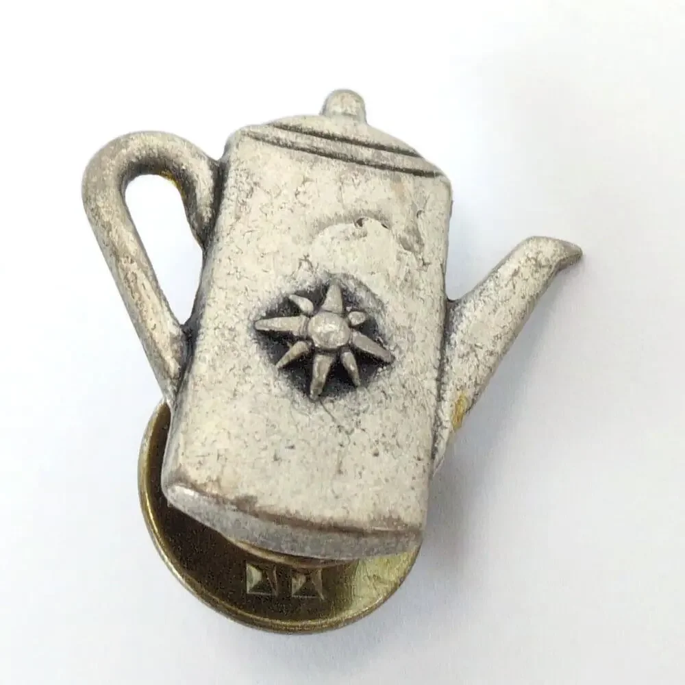 Set of 2 Pewter Coffee Tea Pot‎ & Cup Lapel Tack Pins, Converted Buttons, Star